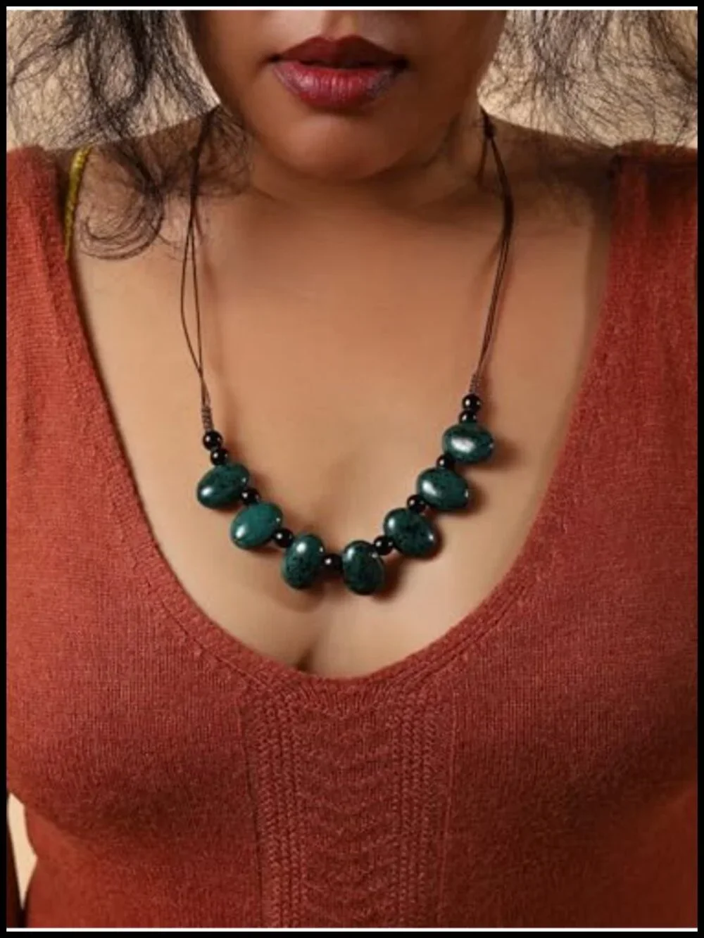 Bohemian Ceramic Beaded Strand Necklace Adjustable Sliding Cord